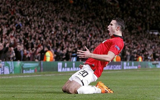 Robin van Persie's hat-trick saw Manchester United into the Champions League quarter finals